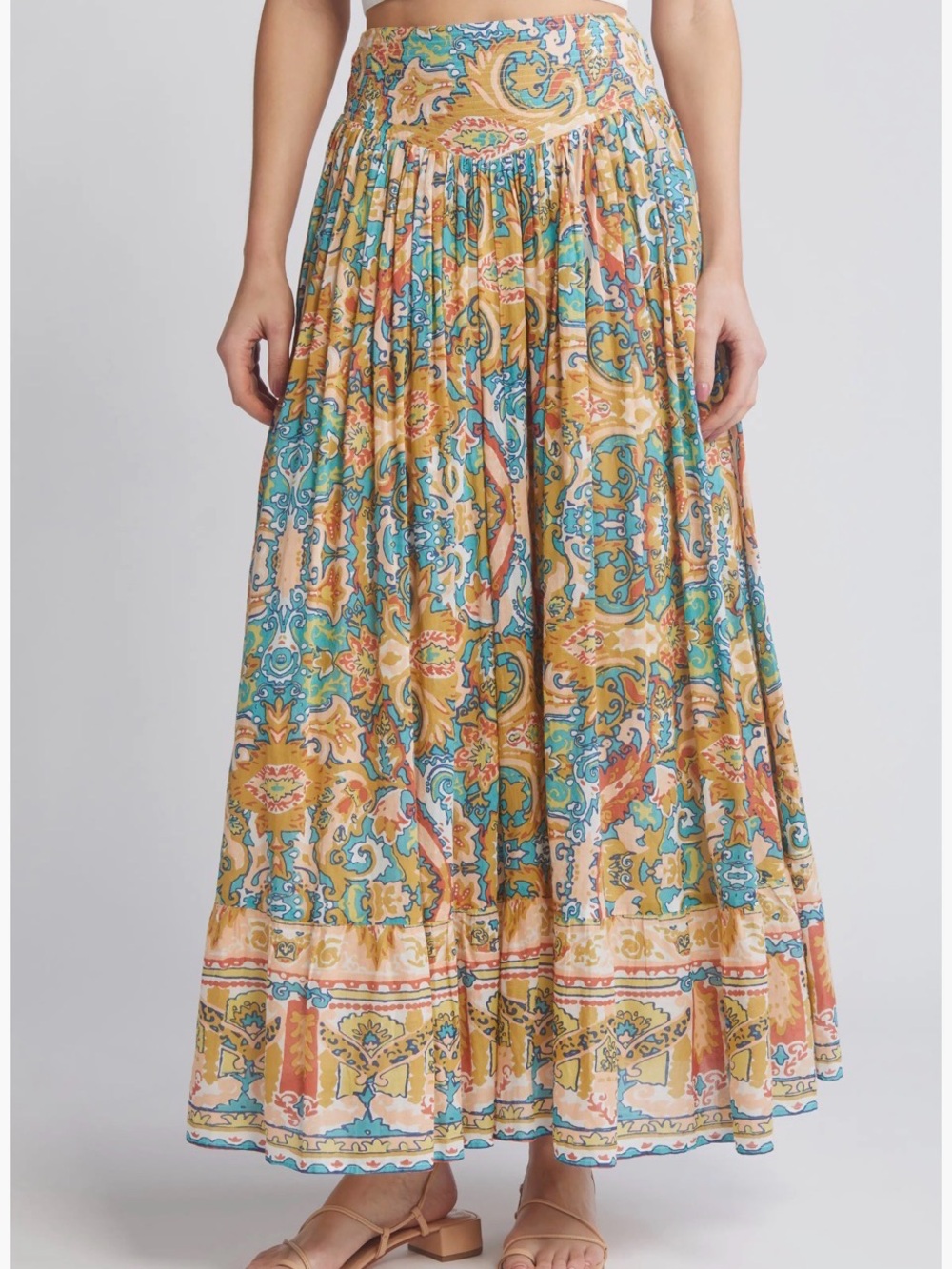 Cleobella Boho Printed Maxi Skirt in Mustard & Teal